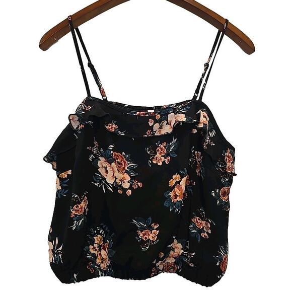 NWT Xhilaration Women's Boho Cropped Tank Top L Cottagecore Black Floral Ruffle - Picture 1 of 8